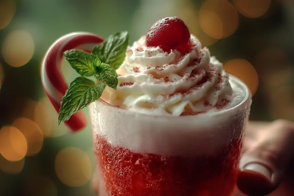 Whipped cream, cherry, and mint garnish on the Kissing Santa Claus Mocktail
