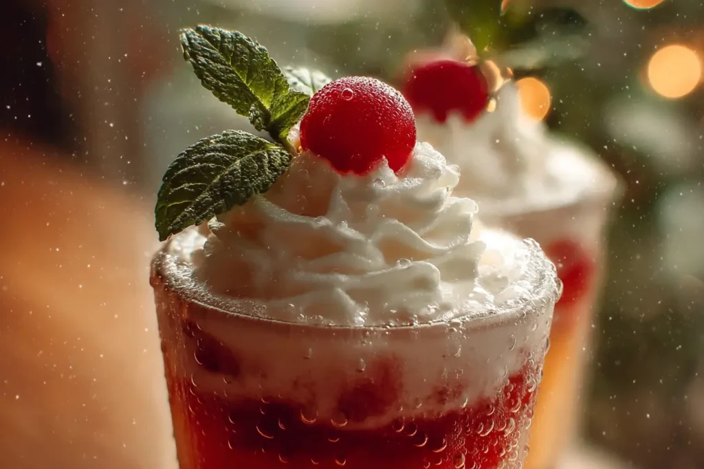 Close-up of whipped cream, cherry, and mint garnish on mocktail