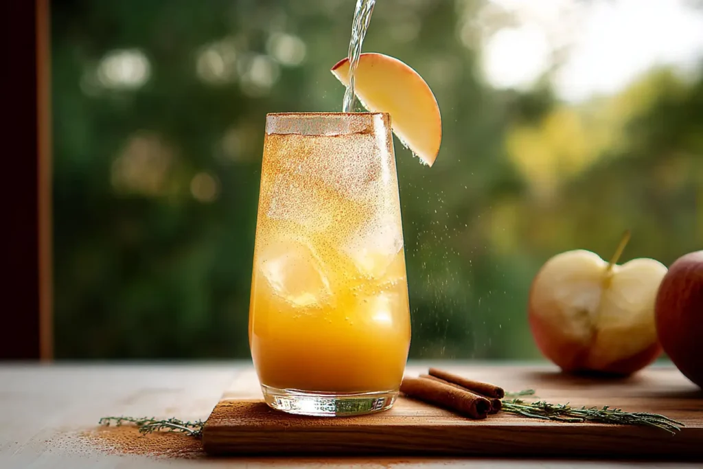 Apple Cider Mocktail being poured over ice with cinnamon and apple slices