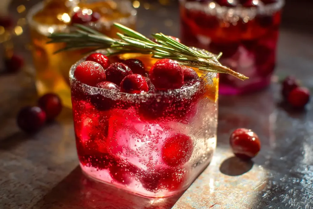 Cranberry-orange holiday ice cubes with rosemary garnish
