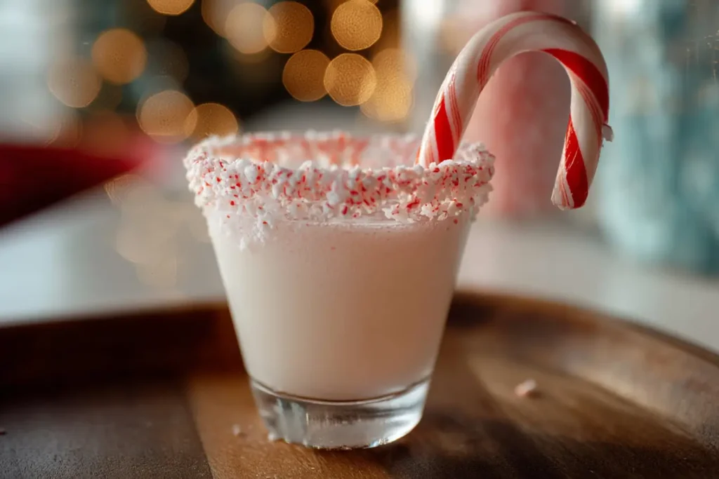 Close-up of crushed candy cane rim on a creamy holiday mocktail