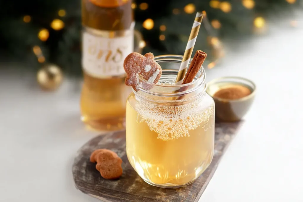 Gingerbread Sparkler mocktail in mason jar with cinnamon stick and gingerbread cookie garnish