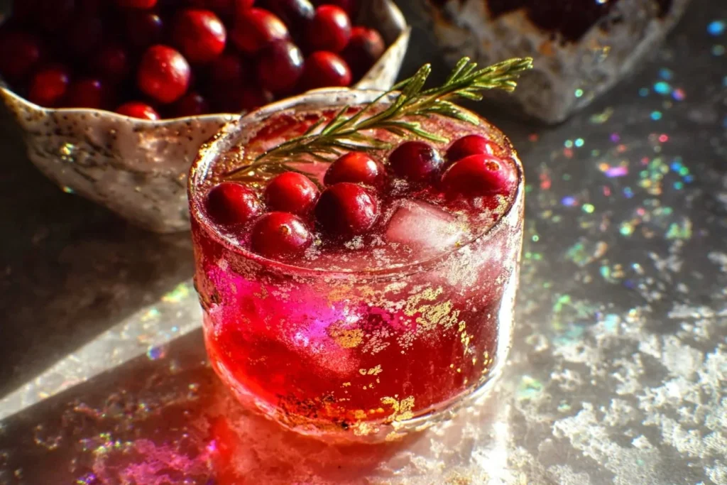 Holiday Sparkling Cranberry Mocktail with orange and rosemary