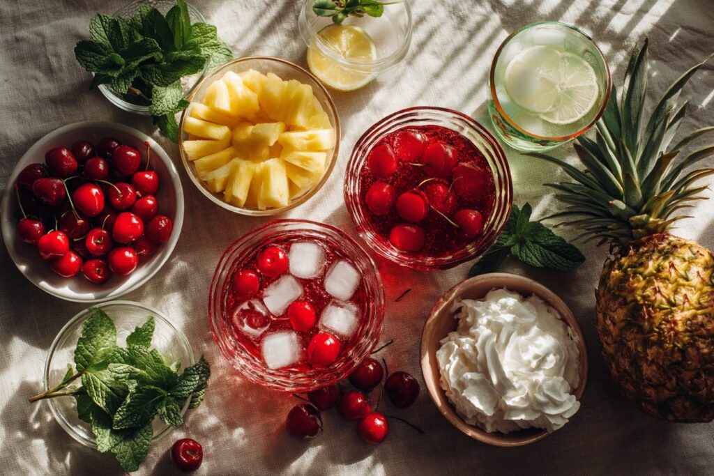 Ingredients arranged for the Kissing Santa Claus Mocktail recipe