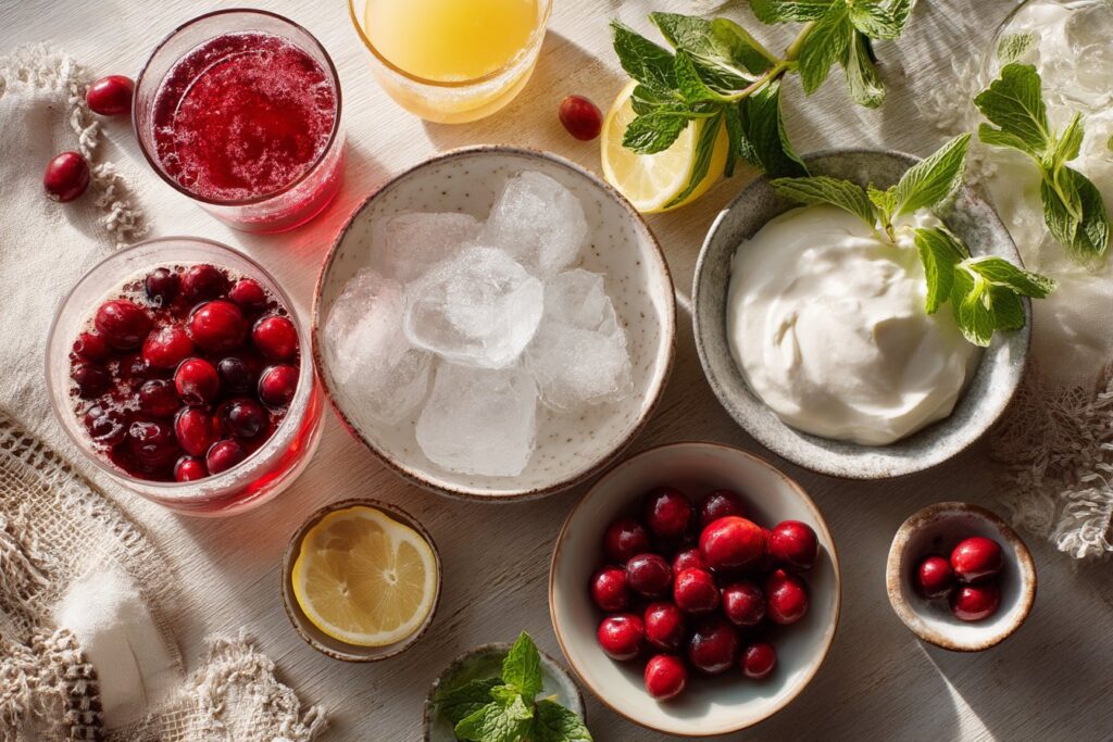 Ingredients for Kissing Santa Claus Mocktail including cranberry juice, pineapple juice, ice, whipped cream, mint, and fresh cranberries.
