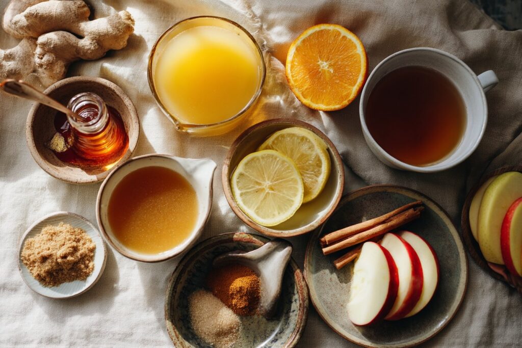 Ingredients for making an Apple Cider Mocktail arranged on a wooden table