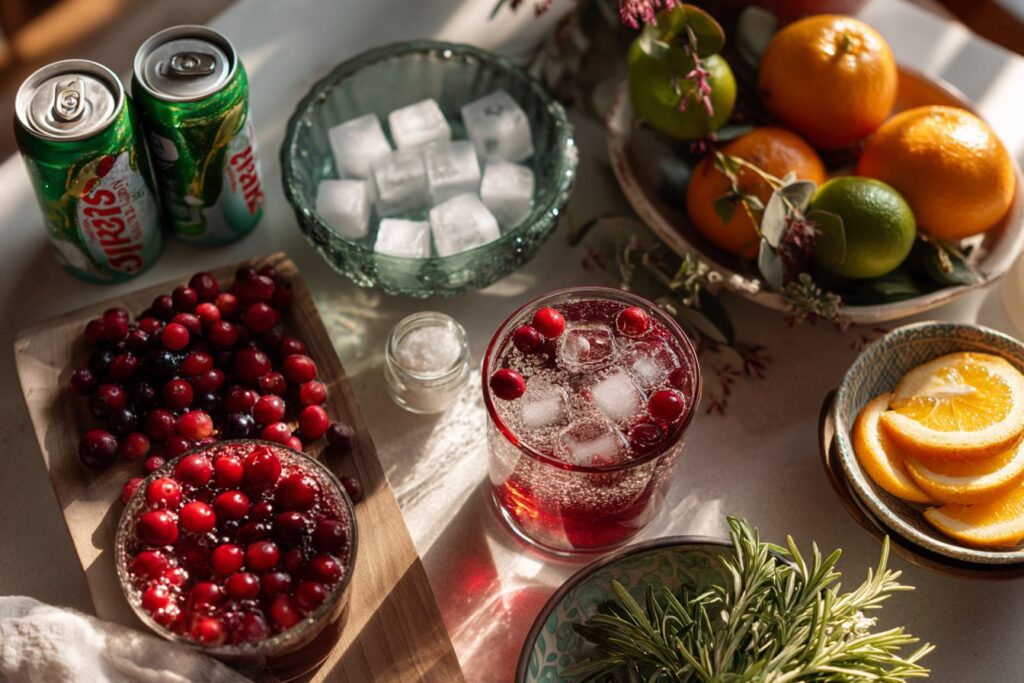 Ingredients for Holiday Sparkling Cranberry Mocktail arranged on a rustic table