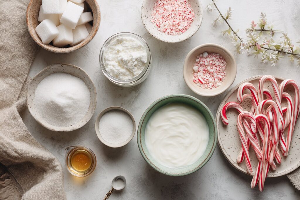 Ingredients for Candy Cane Christmas Mocktails arranged on a wooden surface
