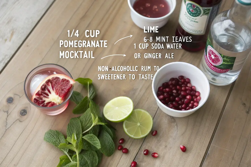 Ingredients for Pomegranate Mocktails with pomegranate juice, lime, and mint on a wooden counter