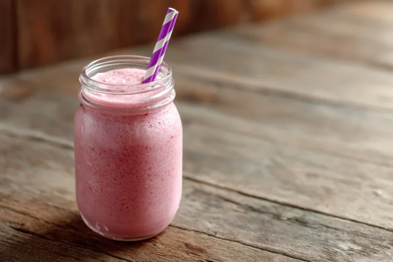 Jetty Punch Tropical Smoothie in a tall glass on a wooden kitchen table