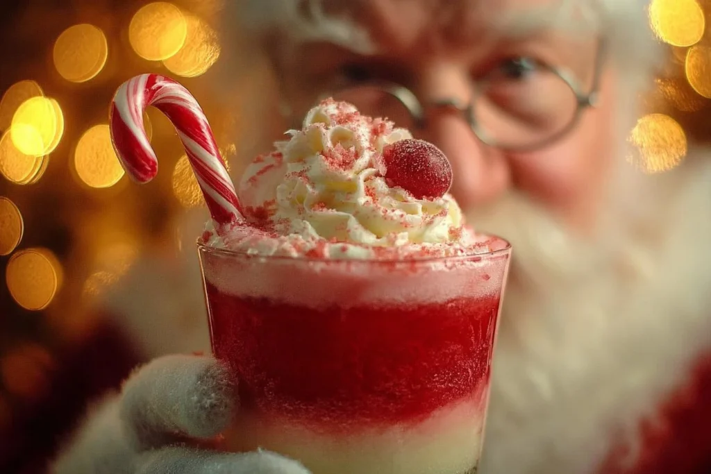Kissing Santa Claus Mocktail with whipped cream, cherry, and mint