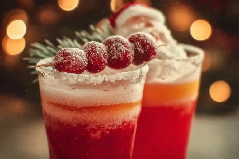 Kissing Santa Claus Mocktail with whipped cream, cherry, and mint on a wooden table