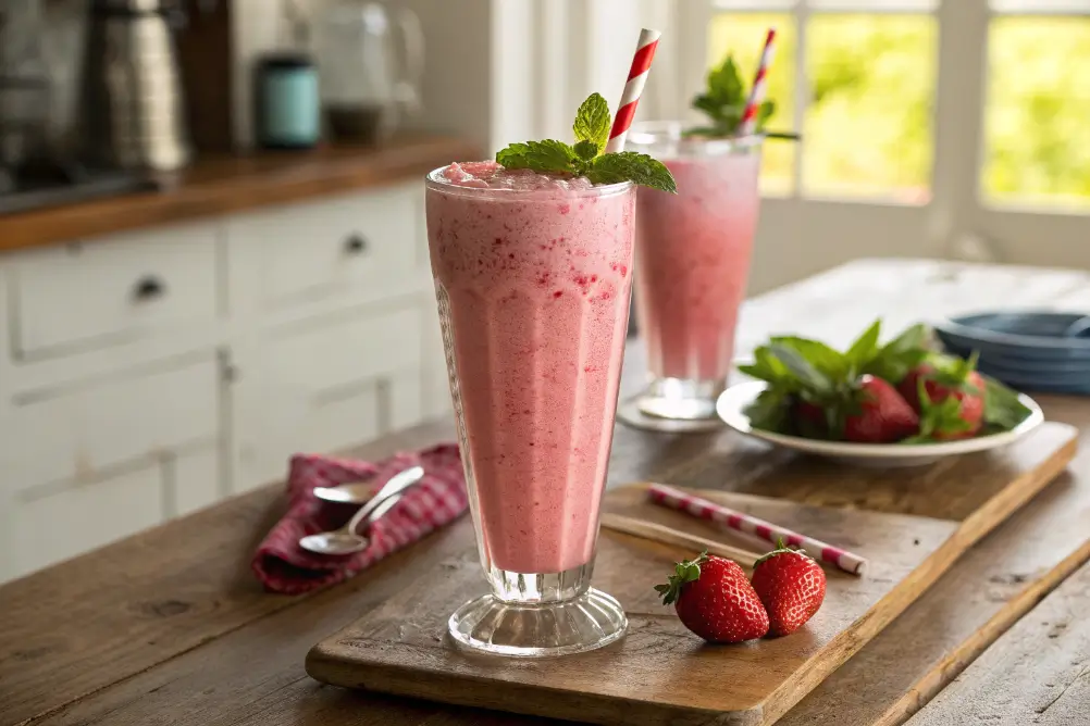 Jetty Punch Smoothie in glass with strawberry garnish