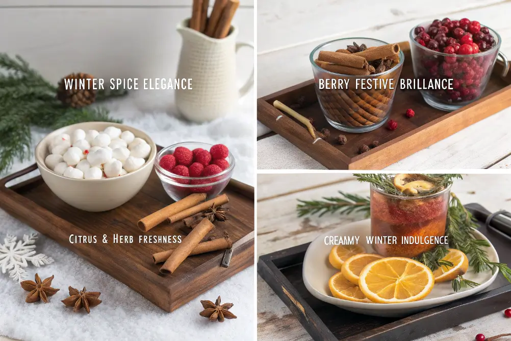 A steaming winter mocktail with a cinnamon stick in a rustic mug, surrounded by whole star anise, cloves, and vanilla beans on a dark wood table.

