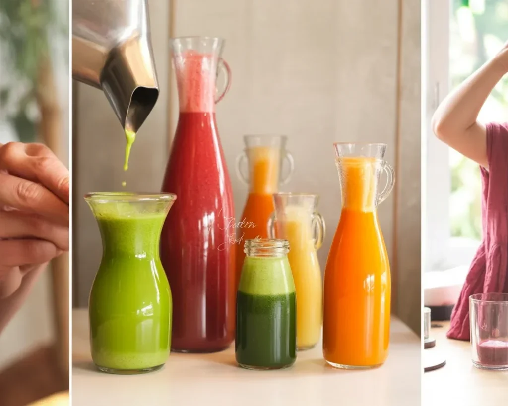 A collection of healthy beginner juice recipes featuring fruits and vegetables.